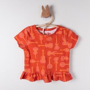 Piccolina Ruffle Hem Top Toddler 2T Orange Musical Instrument Guitar Print Shirt